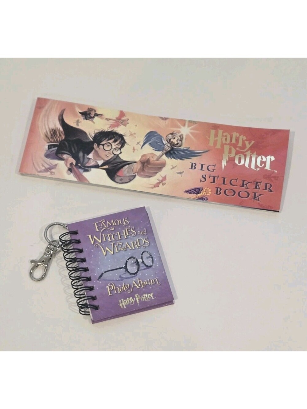 VTG Harry Potter Big Sticker Book + Mini Photo Book Keychain Famous Wizards